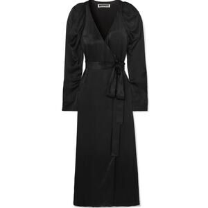 ROTATE Birger Christensen Black Satin Puff Sleeve True Wrap Maxi Dress 38 M
